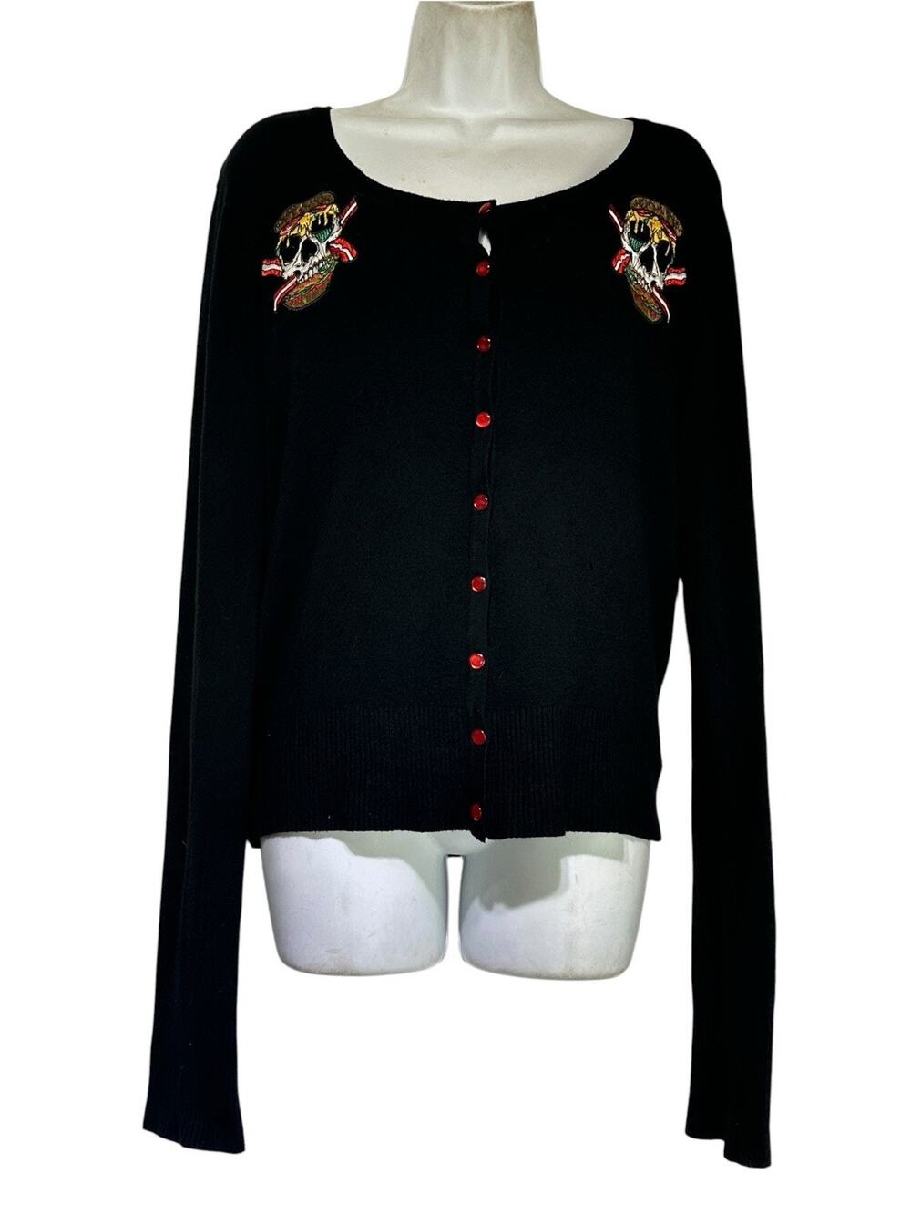 Jawbreaker Women’s Size L Black Bacon Skull Burger Embroidered Button Cardigan